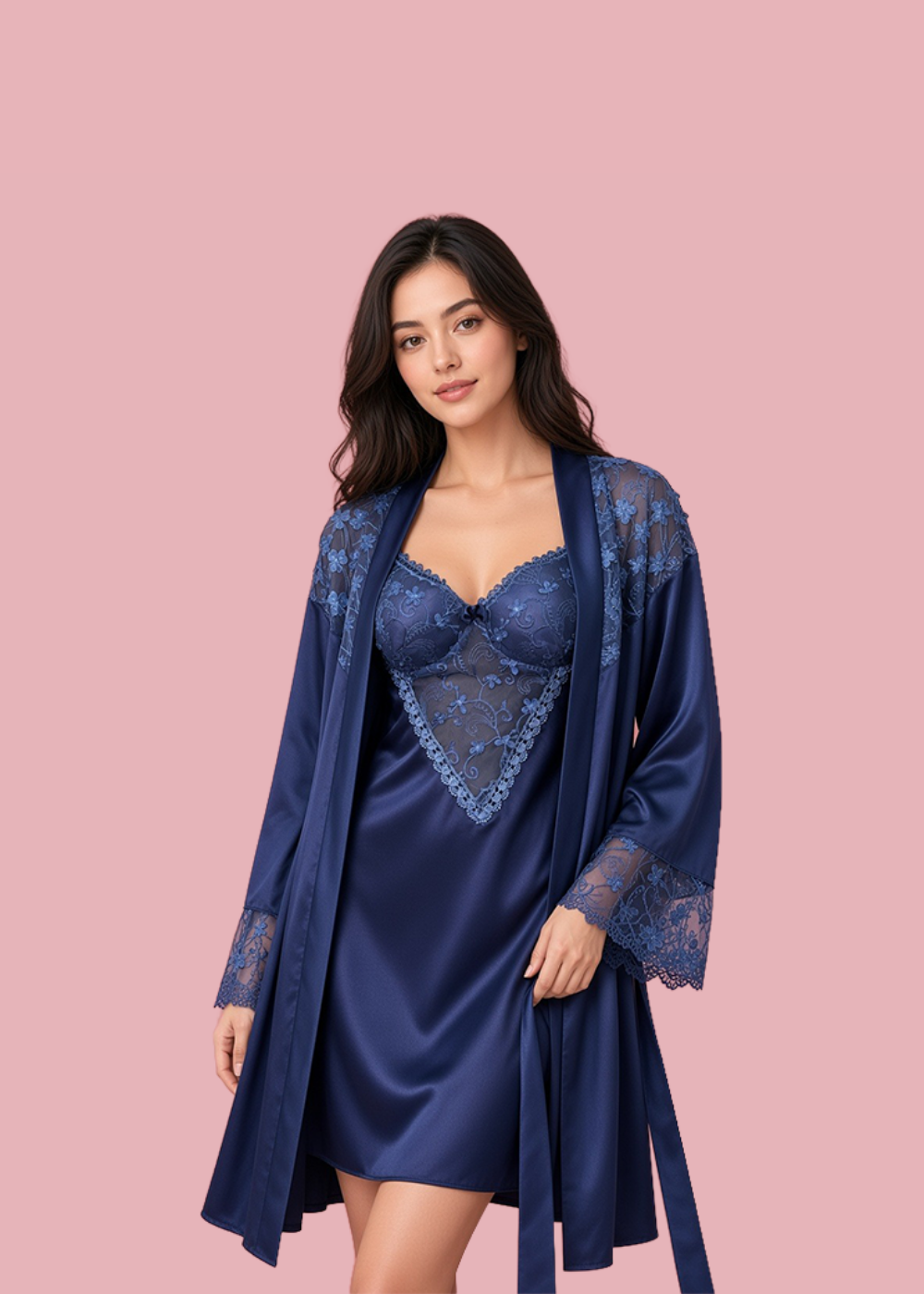 2 piece Royal Amethyst Satin Lace Robe Set