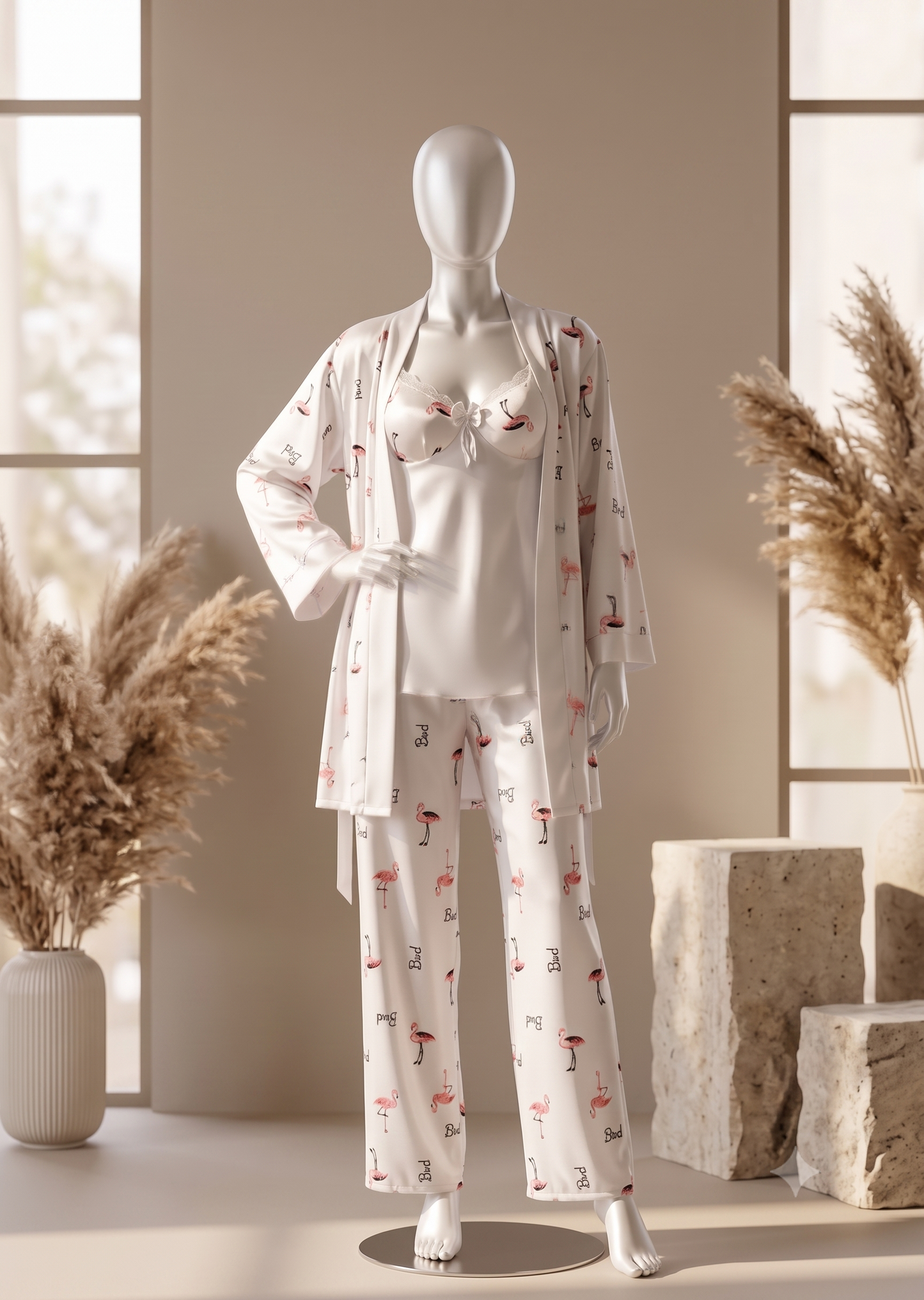 3 piece Flamingo Satin Lounge Set