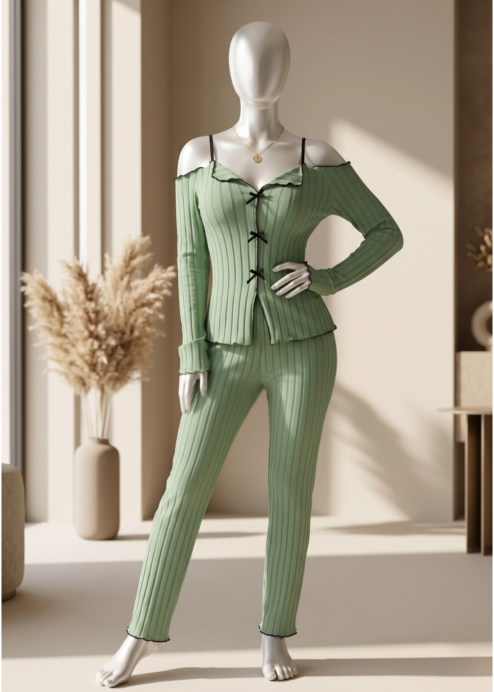 Feminine Ribbed Pajama Set