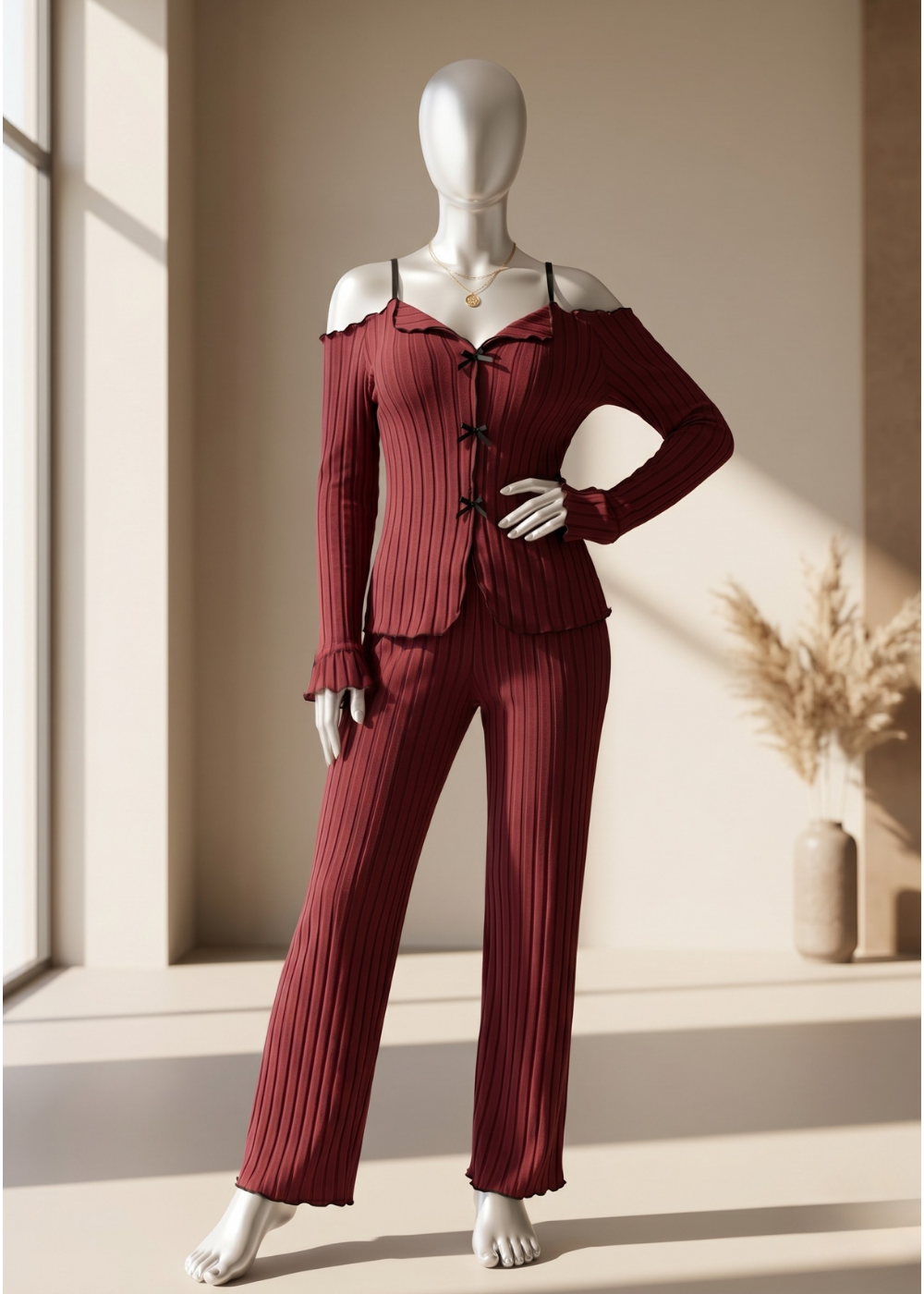 Feminine Ribbed Pajama Set
