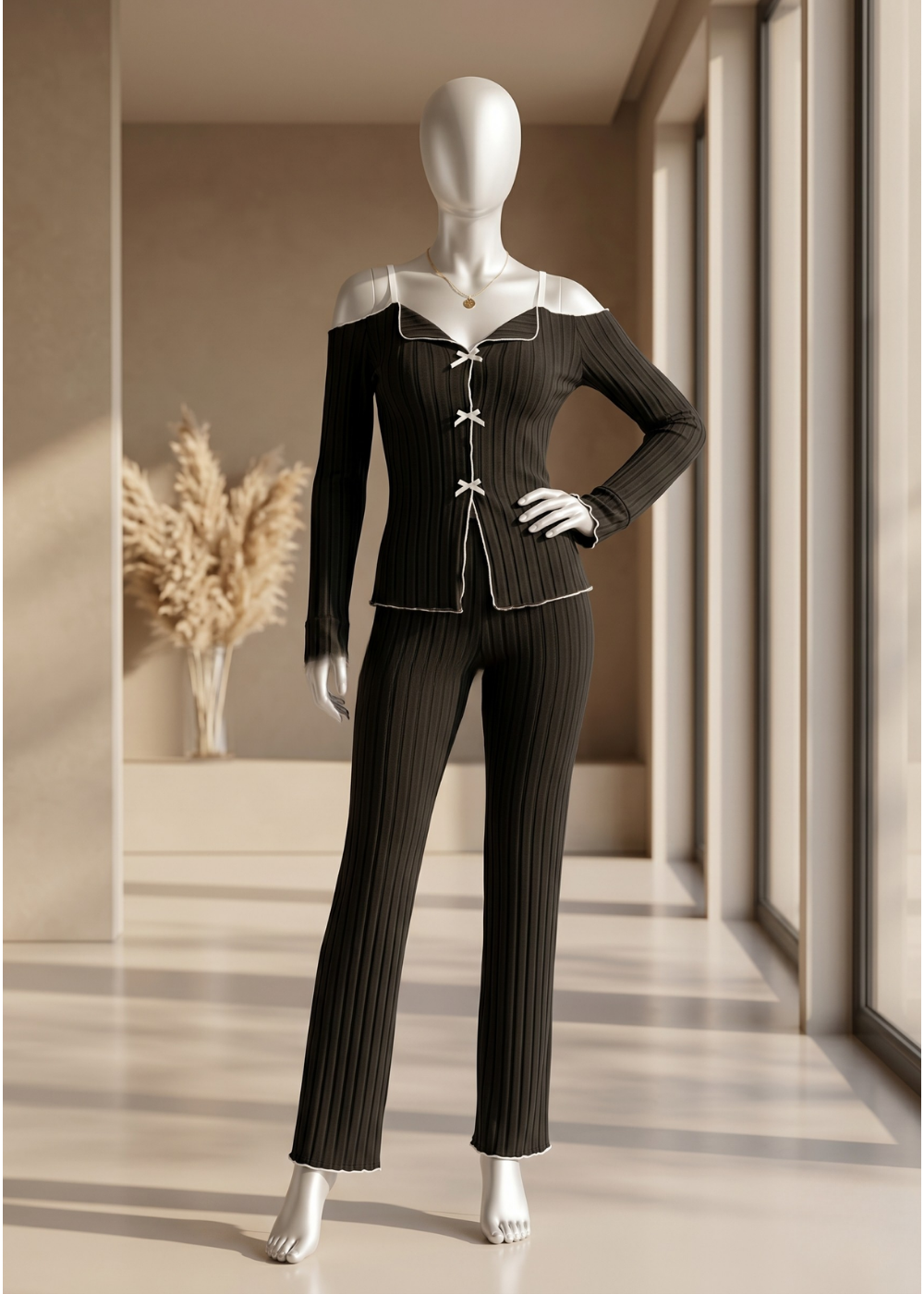 Feminine Ribbed Pajama Set